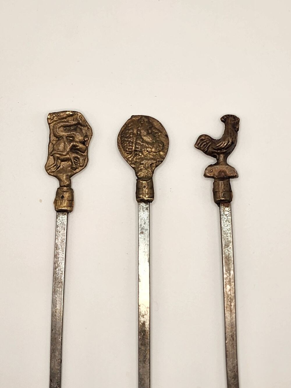 Set of 3 Antique Brass Topped Animal Shape Shish Kebab Skewers Vintage 12"
